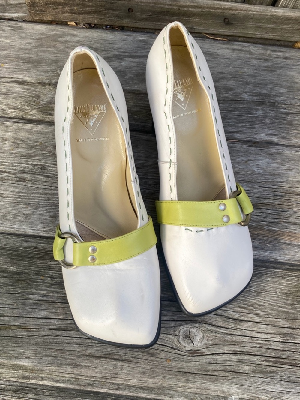 JOHN FLUEVOG CHOICE white and green VANNY PUMPS 9 HEELS LEATHER PIN-UP SHOES - Picture 8 of 14